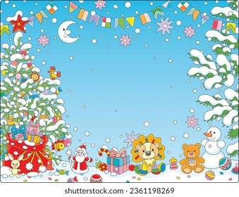 Christmas and New Year background with a decorated fir tree, garlands and a magic bag of winter holiday gifts for little kids surrounded by snowy prickly branches, vector cartoon illustration