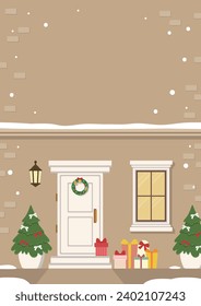 Christmas and New Year background with decorated door, christmas tree and gifts. Vector illustration.