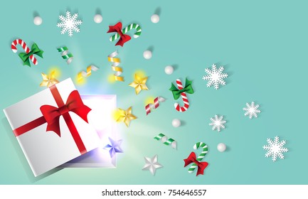 Christmas and new year background decorated with stars, pearl, ribbons, snowflake, candy cane and open gift box. Vector illustration.