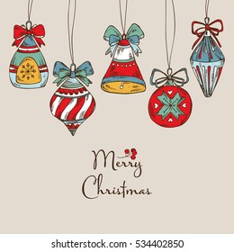 Christmas and New Year background with Christmas decorations. Hand drawn 