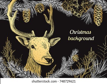 Navidad y Año Nuevo con ciervos, diferentes ramas y conos. Árbol de aves, cedro, pino, arborvitae, espina dorsal. Dibujo hecho a mano. Diseño para tarjetas de felicitación, calendarios, banners, invitaciones.