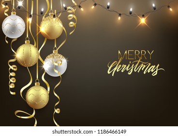 Christmas and New Year background design, decorative balls with shiny lights and confetti, vector illustration