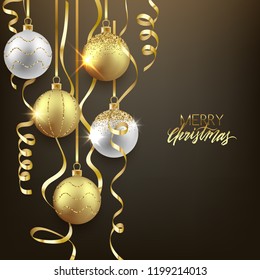 Christmas and New Year background design, decorative balls with shiny lights and confetti, vector illustration
