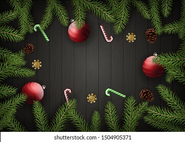 christmas and new year background design decorated with ball candy cane golden snowflake and pine fruit. vector illustration of fir branch on black wooden background. space for text. frame border.