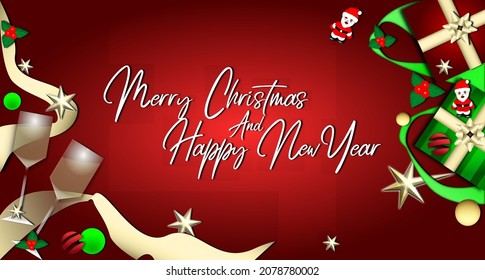 Christmas and New Year Background design in Red, Green and Gold Colors.