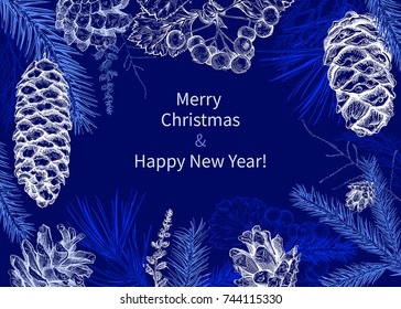 Christmas and New Year background with different branches and cones. Fir tree, cedar, pine, arborvitae, hawthorn. Hand drawn sketch. Design for greeting cards, calendars, banners, invitations.