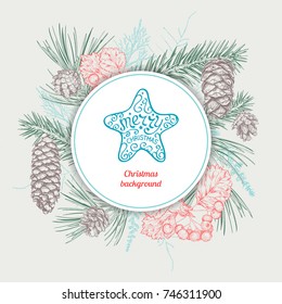 Christmas and New Year background with different branches and cones. Fir tree, cedar, pine, arborvitae, hawthorn. Hand drawn sketch. Design for greeting cards, calendars, banners, invitations.