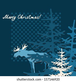 Christmas and New Year background with elk, xmas retro gift template, abstract beautiful card, stylized forest with graphic christmas trees for design 