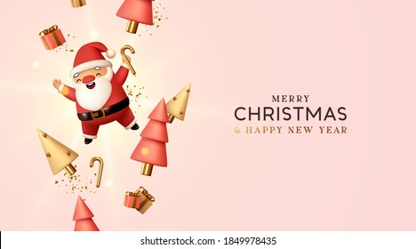 Christmas and New Year background. Falling gift box realistic character 3d santa claus. Conical Abstract Gold Christmas Trees. Xmas Winter holiday composition. Greeting card, banner, web poster.