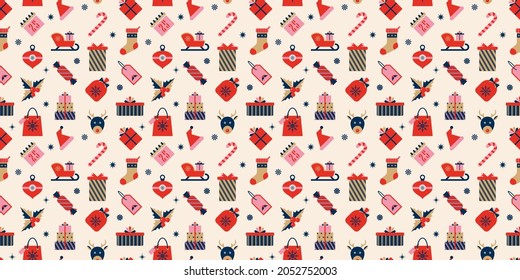 Christmas and New Year background. Festive seamless surface pattern with winter holidays cute elements. Vector background with gift and present symbols on Christmas shopping theme.