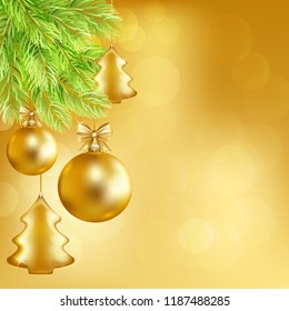 Christmas and New Year background with fir tree ans balls. Vector illustration.