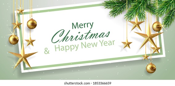 Christmas and New Year background with fir branches and Christmas balls and stars