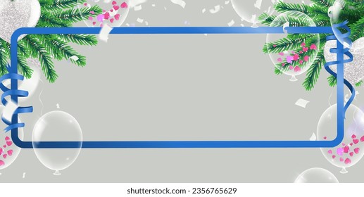 Christmas and New Year background with fir branches, snowflakes, confetti, balloons and ribbons. Vector illustration.