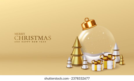 Antecedentes de Navidad y Año Nuevo. Árbol de abetos de Navidad, cajas de regalo de oro y bolas de vidrio. Composición alegre para las vacaciones de invierno. Tarjeta de saludo, cartel, afiche.