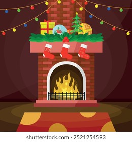 Christmas and New Year background with fireplace. Vector illustration in flat design style.