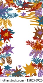 Christmas New Year background frame. Vector illustration in white  background. Fir branches with cones, stars and fireworks illustration template for printing menus, invitations, cards and instagram.