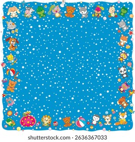Christmas and New Year background and frame border with cartoony toy baby animals, gifts, sweets, flying snowflakes and snowballs, vector cartoon illustration