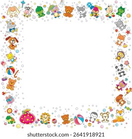 Christmas and New Year background and frame border with cartoony toy baby animals, gifts, sweets, flying snowflakes and snowballs, vector cartoon illustration on white
