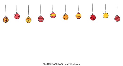 Christmas and New Year background, garland with Hanging simple outline Christmas Balls, decorations, isolated, hand drawn. Vector holiday backdrop in doodle flat style.