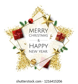 Christmas and New Year background with gift boxes, fir branches, christmas balls, stars.