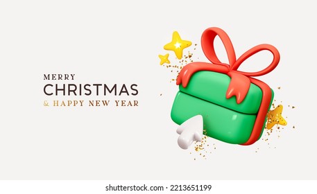 Christmas and New Year background. Gift box, mouse click, bright glitter yellow star, gold confetti.  Bright Xmas holiday composition. Realistic 3d cartoon style design. vector illustration