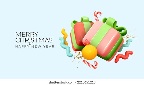 Christmas and New Year background. Gift boxes, candy cane, bright glitter gold confetti, bauble ball.  Bright Xmas holiday composition. Realistic 3d cartoon style design. vector illustration