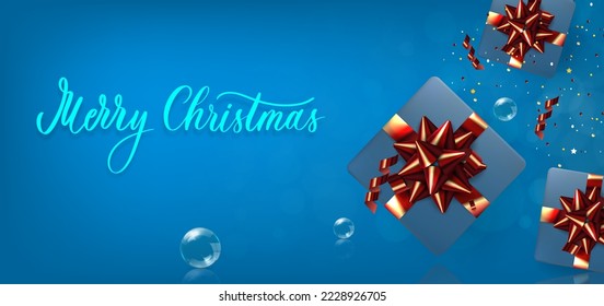 Christmas and New Year background. Gift boxes with a gold ribbon. Glass balls with reflection. A bright winter festive composition. Postcard, banner, poster