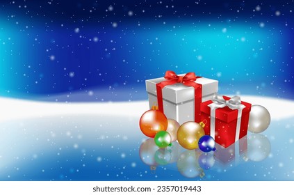 Christmas and New Year background. Gift box. Glass Balls hanging on the ribbon. Bright Winter holiday composition. Greeting cards, banners, poster
