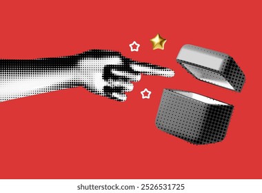 Christmas and New Year background. Gift box and hand with pointing gesture. Halftone Pop Art design. Greeting card, Sale banner, special offer poster