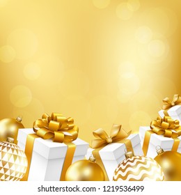 Christmas and New Year background with gifts and balls. Vector illustration.
