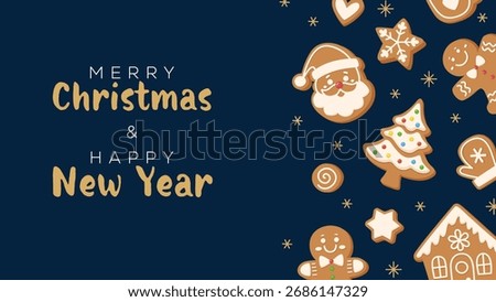 Christmas and New Year background with gingerbread cookies, Santa, tree, house and stars. Holiday winter illustration for celebration, invitations, posters, banners, greeting card.