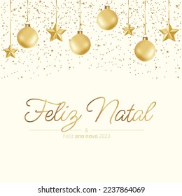 Christmas and New Year background. Glass balls hanging on the ribbon. Bright winter holiday composition for social media with premium vector. in Portuguese