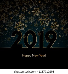 Christmas New Year background with gold snowflakes Text 2019 Happy New Year Blue winter background Christmas New Year pattern of gold snowflakes Banner poster card template design holiday theme Vector