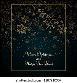 Christmas New Year background with gold snowflakes Text Merry Christmas and Happy New Year Blue winter background Christmas, New Year pattern of gold snowflakes in a frame Banner holiday theme Vector