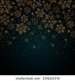 Christmas New Year background with gold snowflakes and glitter Blue festive winter background Christmas and New Year pattern of gold snowflakes Design element template holiday theme Vector