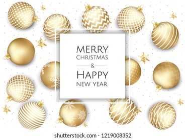 Christmas and New Year background with Gold balls. Xmas card. Vector Illustration.