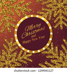 Christmas, New Year background with gold glitter snowflakes. Vector illustration
