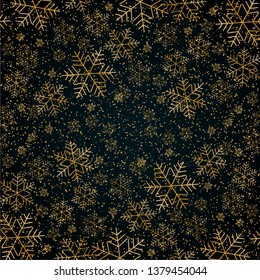 Christmas New Year background with gold snowflakes and glitter Blue festive elegant background Christmas and New Year pattern of gold snowflakes Design element template holiday xmas theme Vector