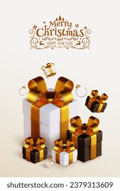 Christmas and New Year Background. Gold gift boxes and glass balls. Cheerful composition for winter holidays. Greeting card, banner, poster.