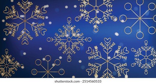 Christmas New Year background with gold snowflakes glitter bokeh Blue festive winter backdrop Xmas New Year design Holiday theme Vector Copy space