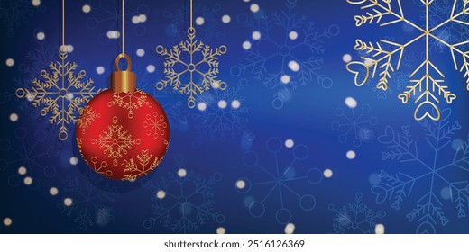 Christmas New Year background with gold snowflakes glitter bokeh Blue festive winter backdrop  Red ball ornament Xmas New Year design Holiday theme Vector Copy space