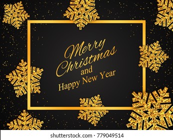 Christmas, New Year background with gold snowflakes. Vector illustration