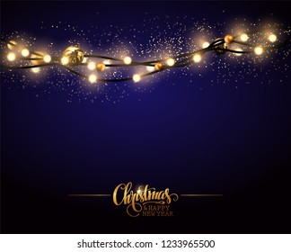 Christmas and New Year background. Golden garland  and greeting inscription. High detailed realistic illustration.