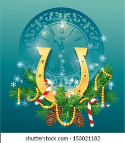 christmas and new year background with golden horse shoe - symbol 2014.
