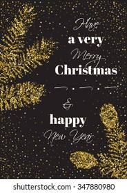 Christmas, new year background with golden glitter fir branches. Isolated.