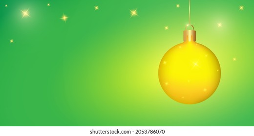 Christmas and New Year background in green color with gold Christmas ball and sparkling stars. 3 D. Vector illustration.