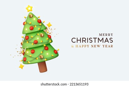 Christmas and New Year background. Christmas green tree with bright glitter gold confetti. Bright Xmas holiday composition. Realistic 3d cartoon style design. vector illustration