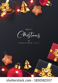 Christmas and New Year background, greeting card, Sale poster, holiday cover, web banner. Xmas modern design with 3d realistic golden black and red gifts, balls, garlands lights on black background