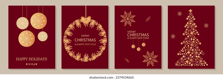 Antecedentes de Navidad y Año Nuevo. Tarjeta de saludo, banner web. Caja de regalo realista, corona de Navidad, juguete de árbol de Navidad. Tinsel, caídas de objetos decorativos. Navidad. Ilustración del vector, EPS 10