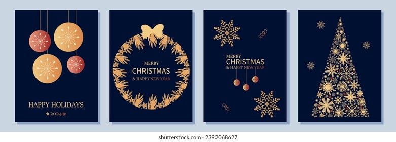 Antecedentes de Navidad y Año Nuevo. Tarjeta de saludo, banner web. Corona de Navidad, juguete de árbol de Navidad. Tinsel, caídas de objetos decorativos. Navidad. Ilustración del vector, EPS 10.